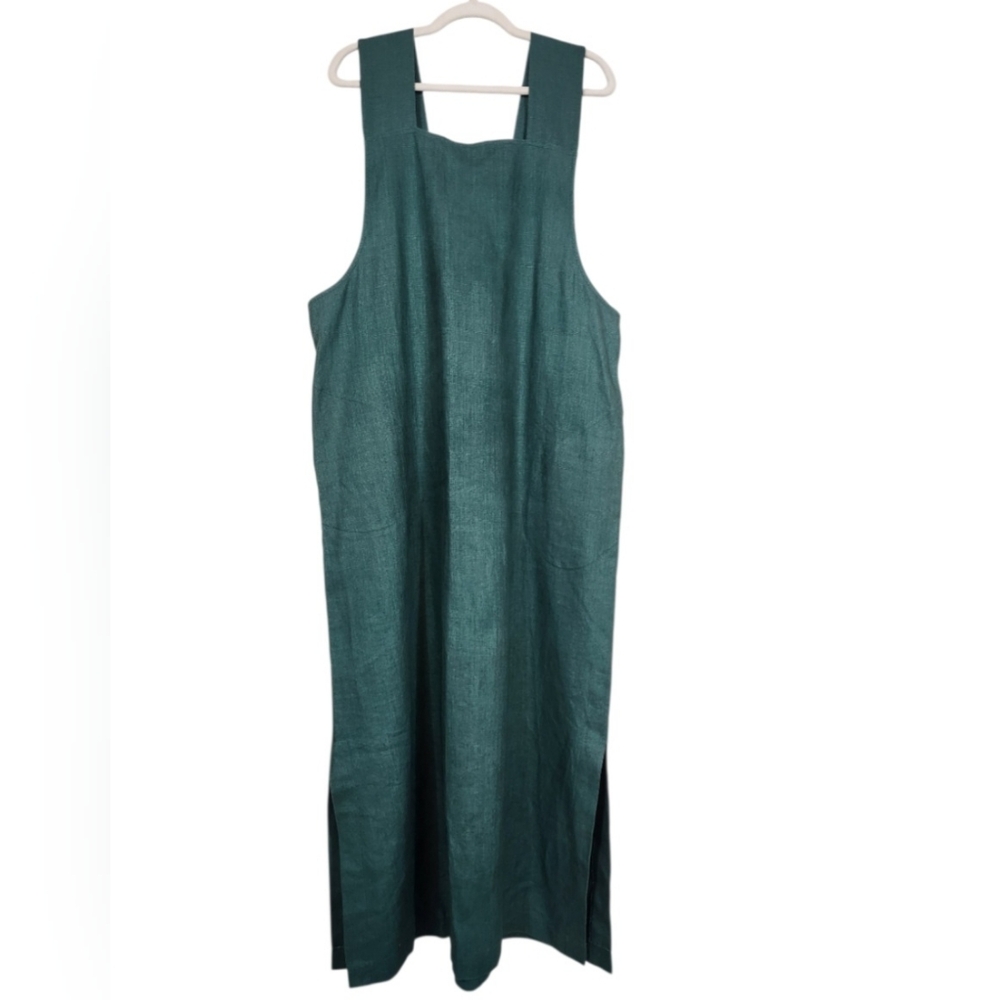 100% Linen Pinafore Green Maxi Dress M/L Cloud Crossing By Sans Souci